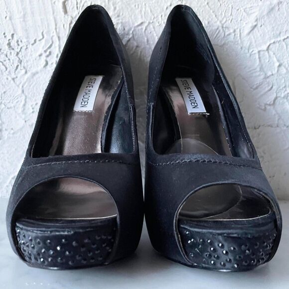 Steve Madden Feelixx Black Satin Rhinestones Peep Toe Platform Pumps Heels-8.5 - Picture 2 of 6